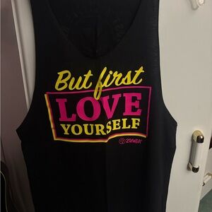 Zumba Fitness Black Muscle Tee with Pink and Yellow Accents
